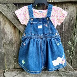 VINTAGE Oshkosh B'gosh Girls Patch 2pc Overall Jumper Dress  18M Pink/Green Trim